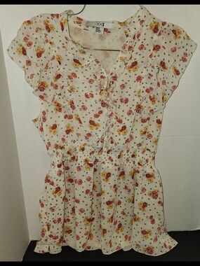 XXI Brand Blouse-Women/Junior Sz.Med.Off White Red,Yellow Floral Ruffle TopTunic